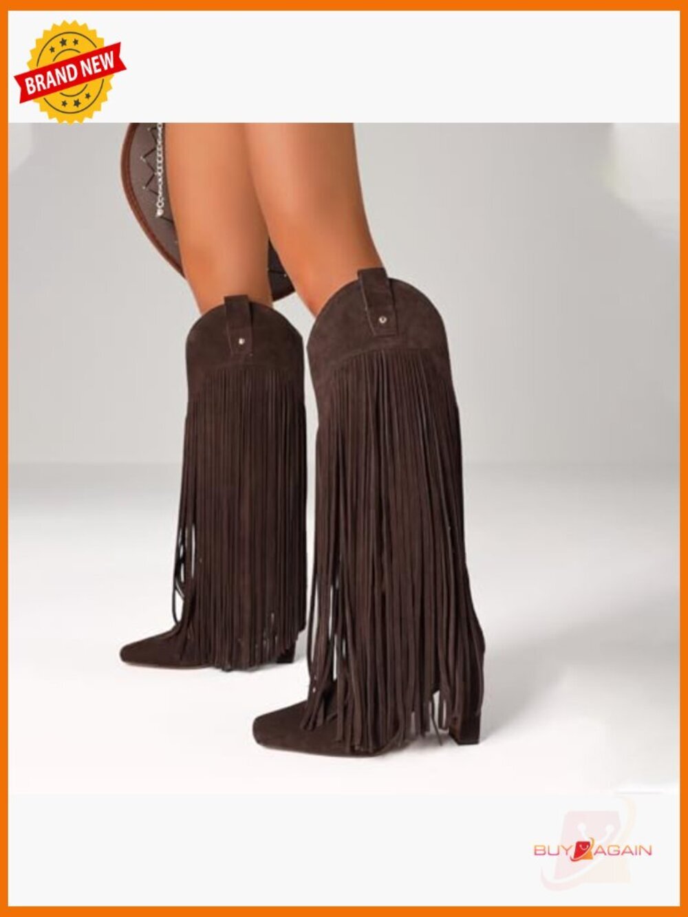 Knee High Boots Suede Square Toe Chunky Heel Fringe Pull On Tall - Picture 4 of 6